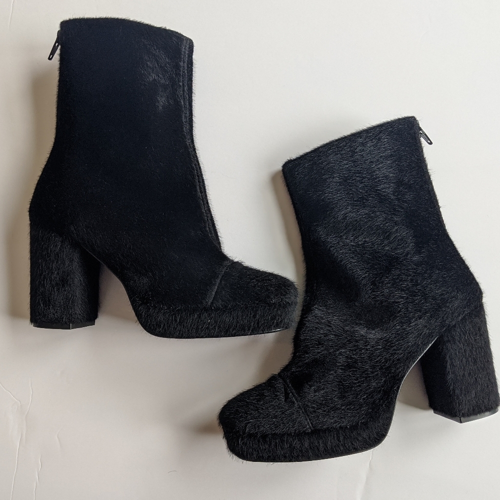 Free People black long hair fur high heeled bootie